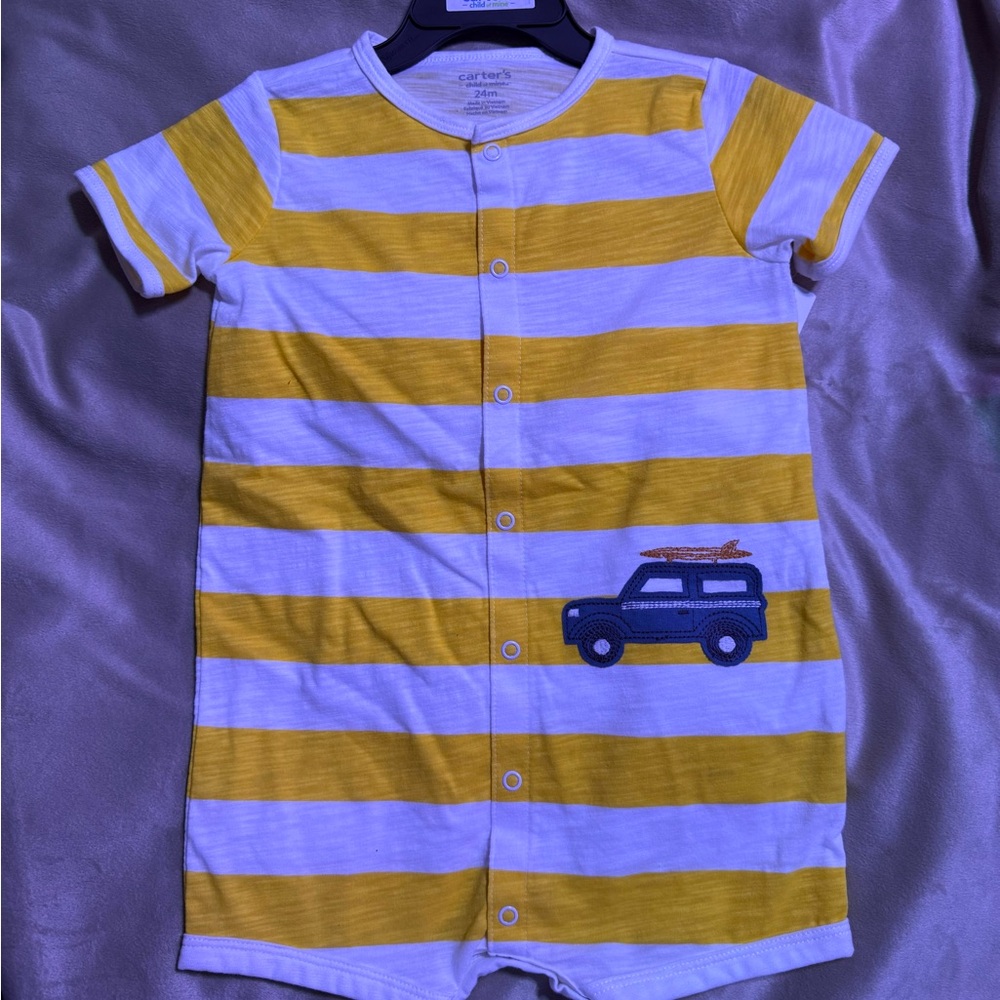 Carter's Yellow and White Striped Baby Romper with Car Appliqué